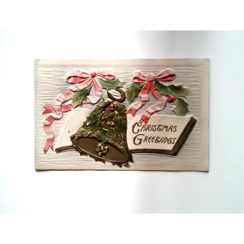 1914 Embossed Gilded Christmas Bell Holly Postcard Printed in Germany
